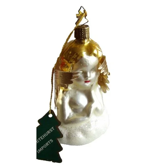 Whitehurst Blown Glass Angel Christmas Ornament Germany Cloud White Gold Glitter - Picture 7 of 10
